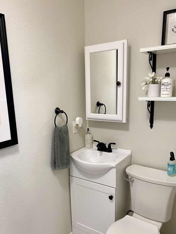 A bathroom with a white sink, a mirror, a toilet, and a shelf with toiletries. - NEW REMODEL in the Heart of Eagle near BOISE (Eagle)