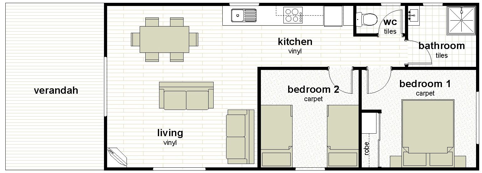 Plano de planta que muestra una sala de estar, comedor, cocina, dos dormitorios y un baño.