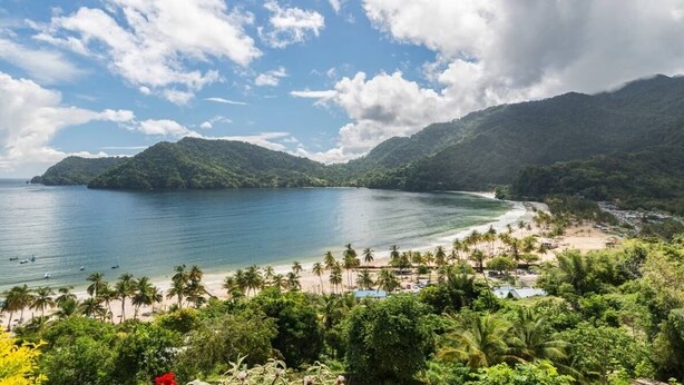 A coastal landscape with a beach, palm trees, and mountains. - Shirley's Retreat, serenity and charm in a rural setting, 15 mins from airport. (Centeno)