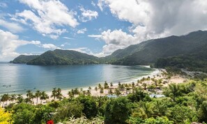 A coastal landscape with a beach, palm trees, and mountains. - Shirley's Retreat, serenity and charm in a rural setting, 15 mins from airport. (Centeno)
