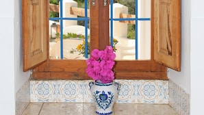 Une porte en bois avec des barreaux verticaux bleus, un pot de fleurs contenant des fleurs roses et des carreaux décoratifs en dessous.
