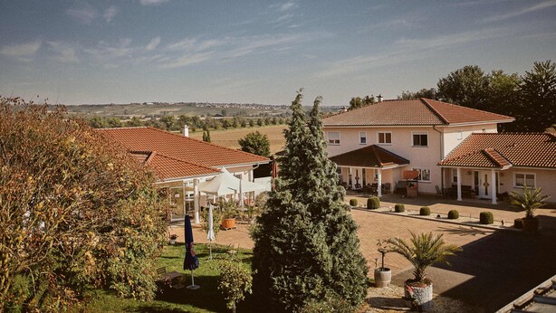A residential area with houses, a large tree, and a clear sky. - Appartment mit Panorama Blick (Stadecken-Elsheim)