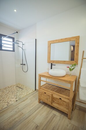 Shower, hair dryer, towels