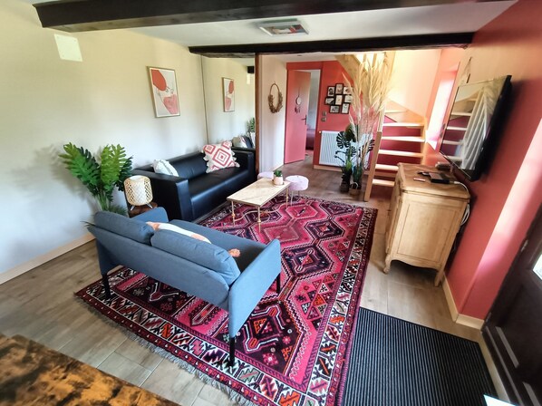 TV, fireplace, books