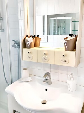 Eco-friendly toiletries, hair dryer, towels
