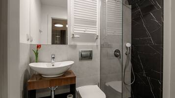 Douche, sèche-cheveux, serviettes fournies, savon