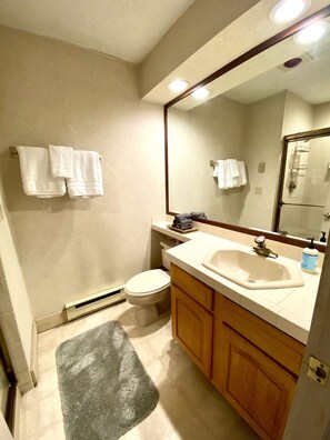 Combined shower/tub, hair dryer, towels, soap