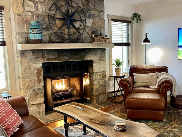 Smart TV, fireplace, video games, DVD player