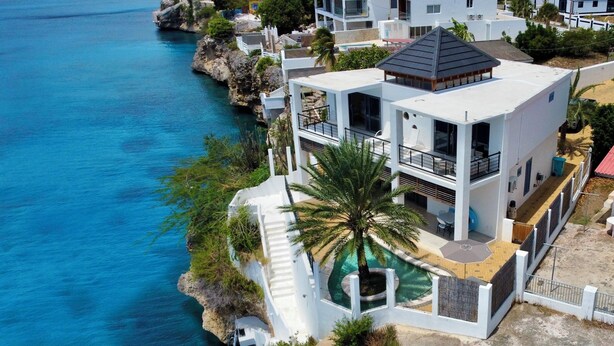 A coastal property with a swimming pool, a palm tree, and a view of the sea. - Seafront Villa in Lagun Curaçao -pool-Wifi + With Private access to sea! (Lagun)