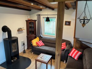 Smart TV, fireplace, books, stereo