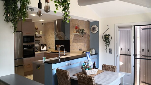 A modern kitchen with a central island, built-in appliances, and hanging plants.