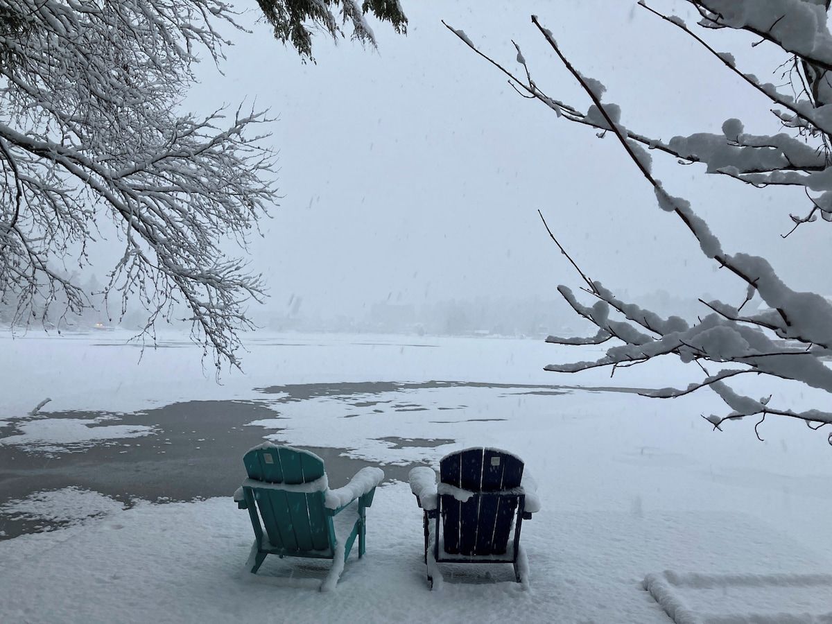 Twee met sneeuw bedekte stoelen gericht op een bevroren wateroppervlak, met kale bomen op de achtergrond.
