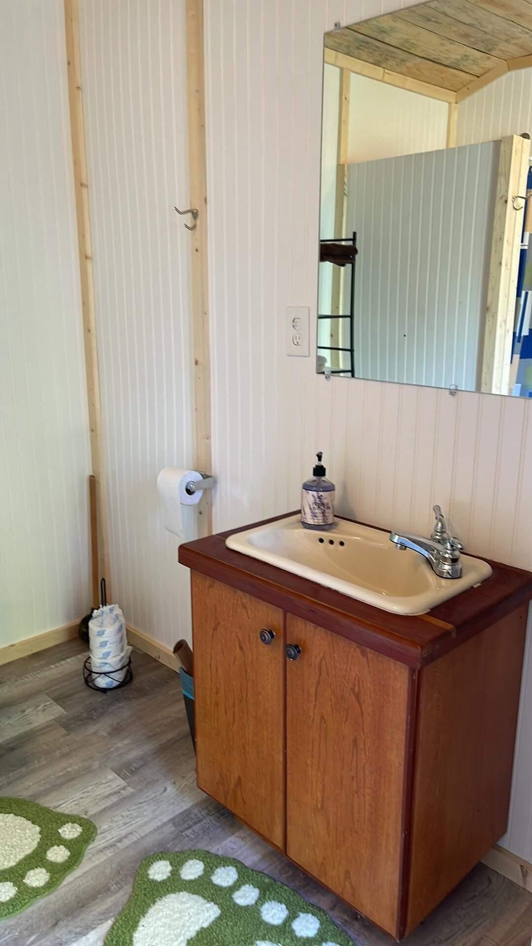 Une salle de bain avec un meuble-lavabo en bois, un évier, un miroir et des toilettes.