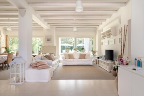 Een smart-tv, een open haard, een tafeltennistafel en boeken