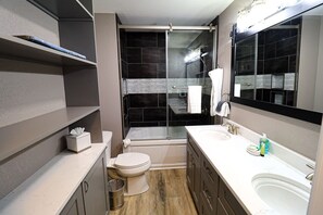 Combined shower/tub, hair dryer, towels