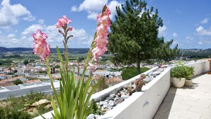 A rooftop terrace with potted plants and a view of a town. - Villa with fabulous views, pool, pool table, table tennis table, 15mins to beach (Amoreira, Obidos)