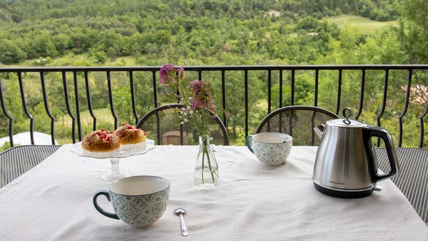 A table with a tea set, a vase with flowers, and a kettle on a balcony overlooking a forested landscape. - Villa de Vacance 6 Personnes (Orpierre)