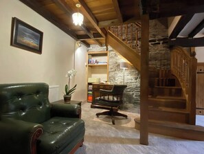 Smart TV, fireplace, books