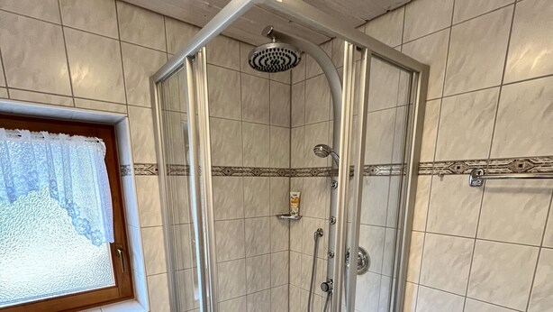 Une cabine de douche fermée par des parois en verre, équipée d’un pommeau de douche à main et d’un robinet mural.