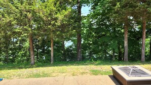 Een overdekt terras met een metalen dak, omringd door hoge bomen en een grasveld.