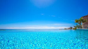A clear blue pool with a view of the ocean and palm trees.