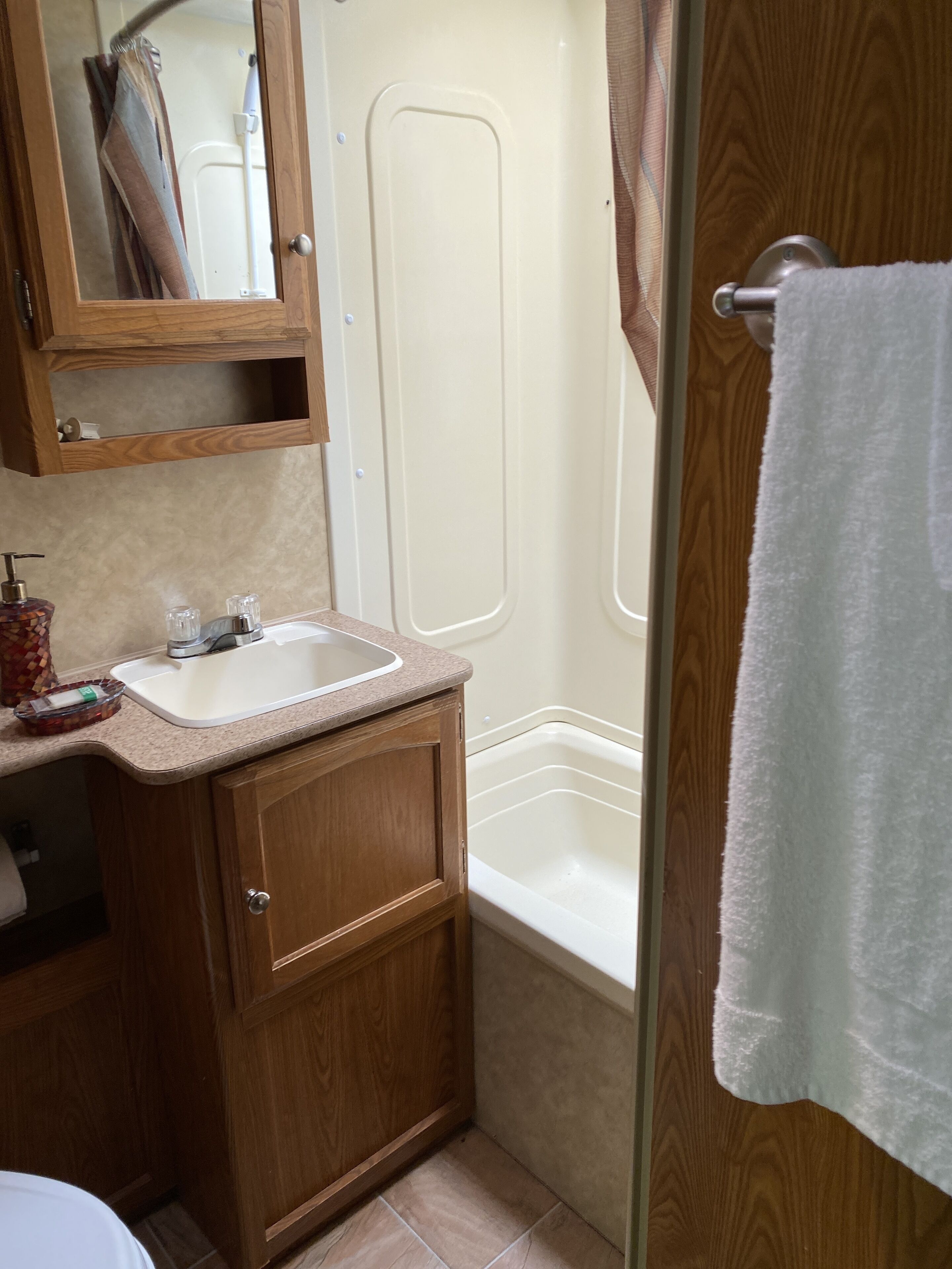 Combined shower/tub, towels, soap, shampoo