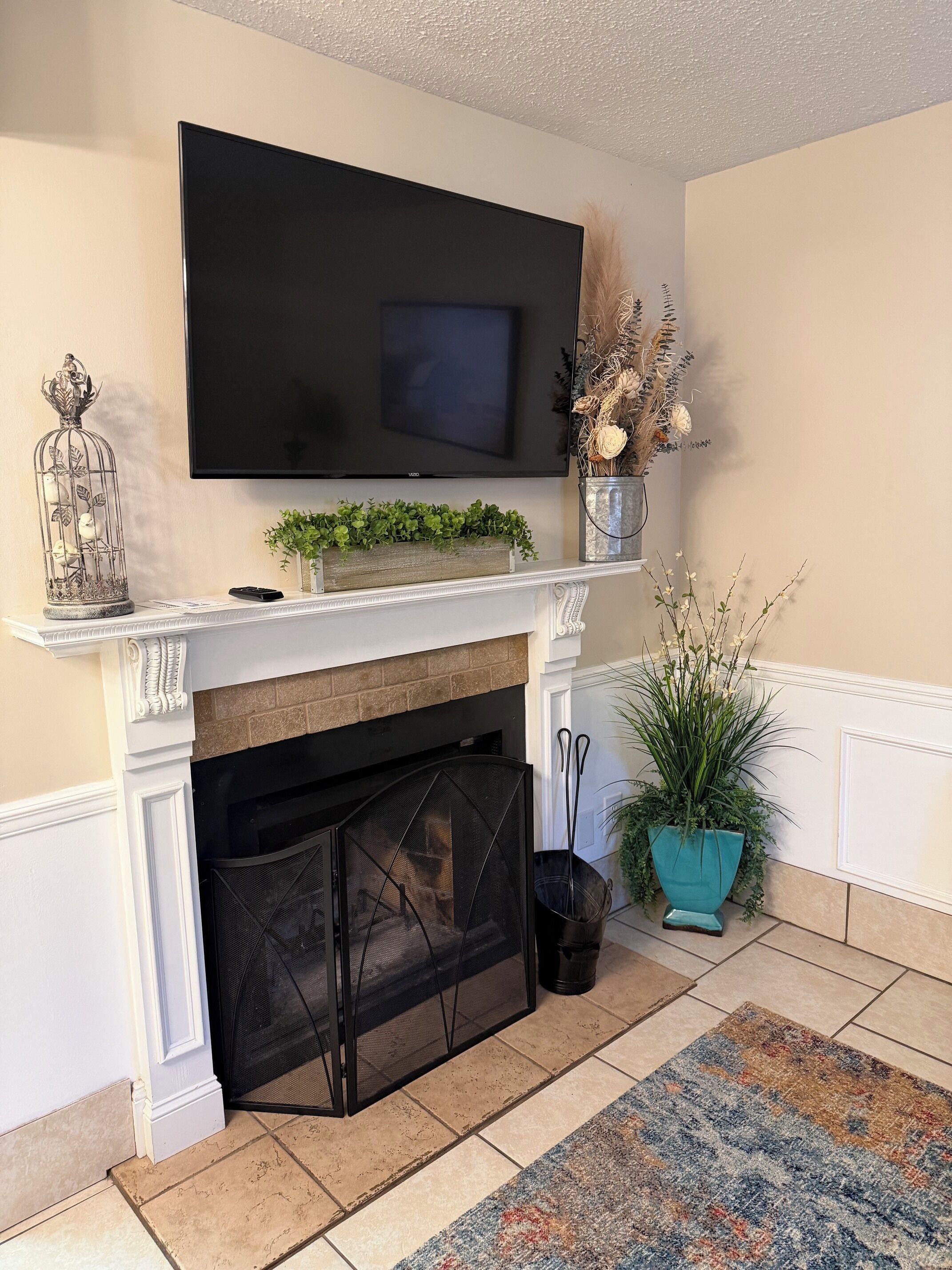 Un salón con chimenea, un televisor montado y elementos decorativos, incluyendo una jaula de pájaros y plantas en macetas.