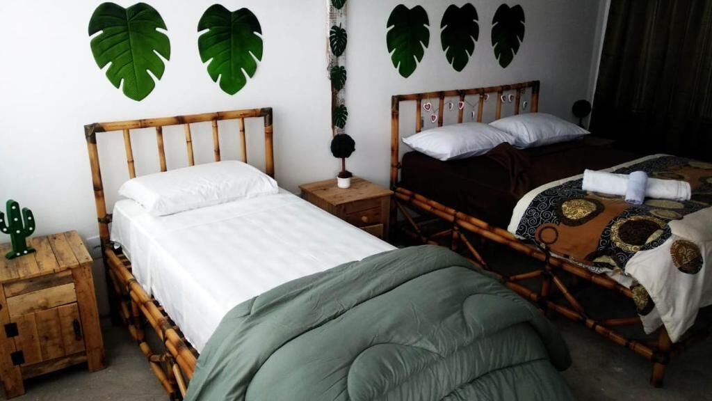 A room with two wooden beds, each with a white mattress and a dark-colored headboard. There are two nightstands with small tables, one with a green cactus and the other with a small plant. The walls are decorated with large green leaves.