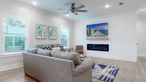 Flat-screen TV, fireplace