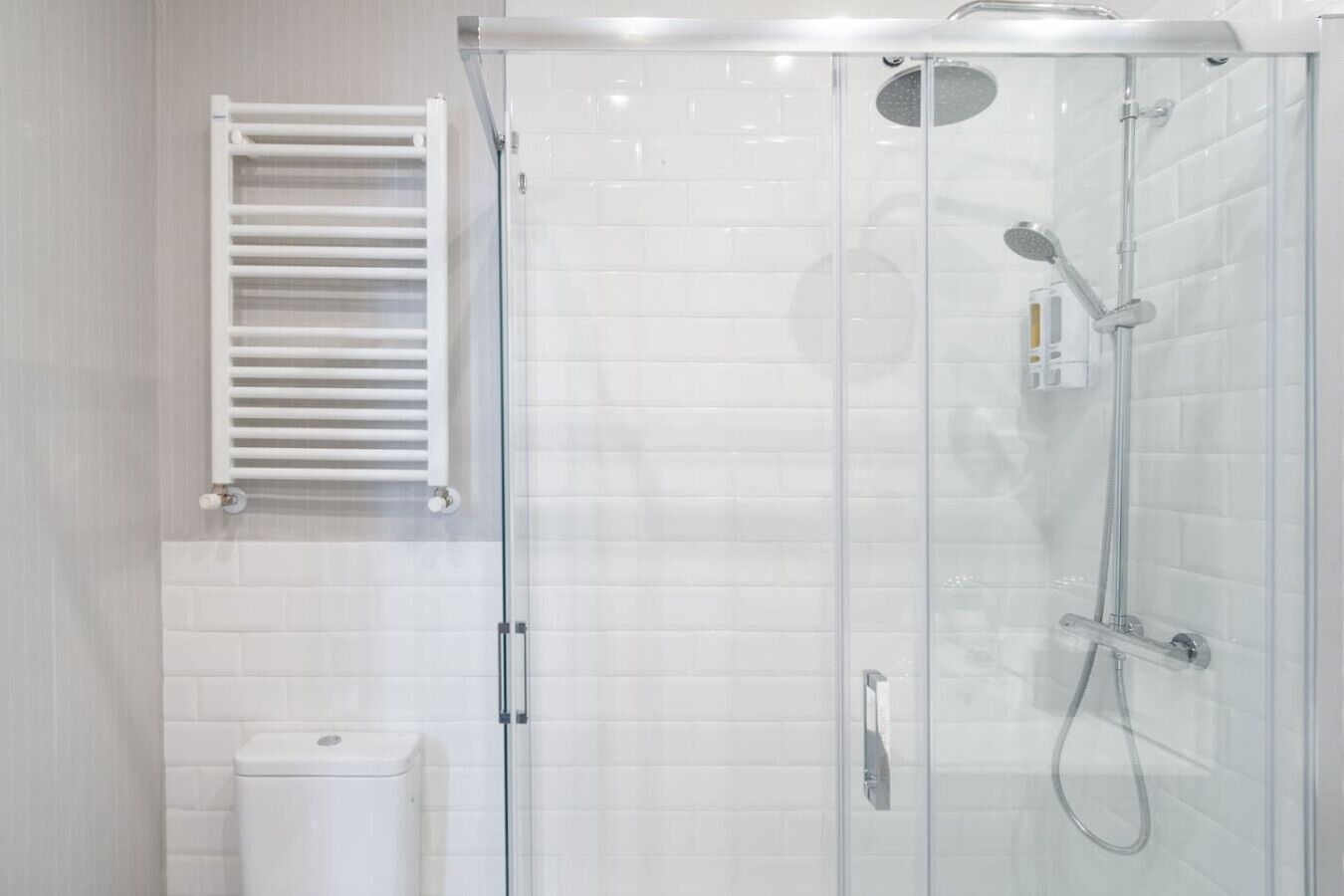 Une salle de bain moderne avec une douche à parois de verre, un porte-serviettes blanc et des toilettes.