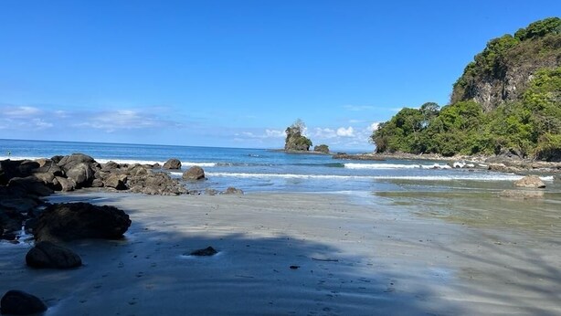 Una spiaggia con acque cristalline, affioramenti rocciosi e vegetazione lussureggiante.