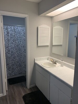 Bañera con ducha, toallas, jabón, papel higiénico