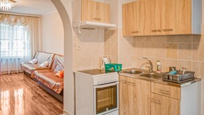 A compact kitchen with a built-in oven, a sink, and wooden cabinets. - Cozy apartment in Dominikowo with WiFi (Dominikowo)