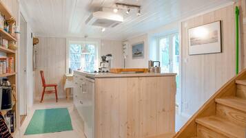 Fridge, stovetop, dishwasher, coffee/tea maker