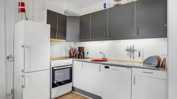 Fridge, stovetop, dishwasher, coffee/tea maker