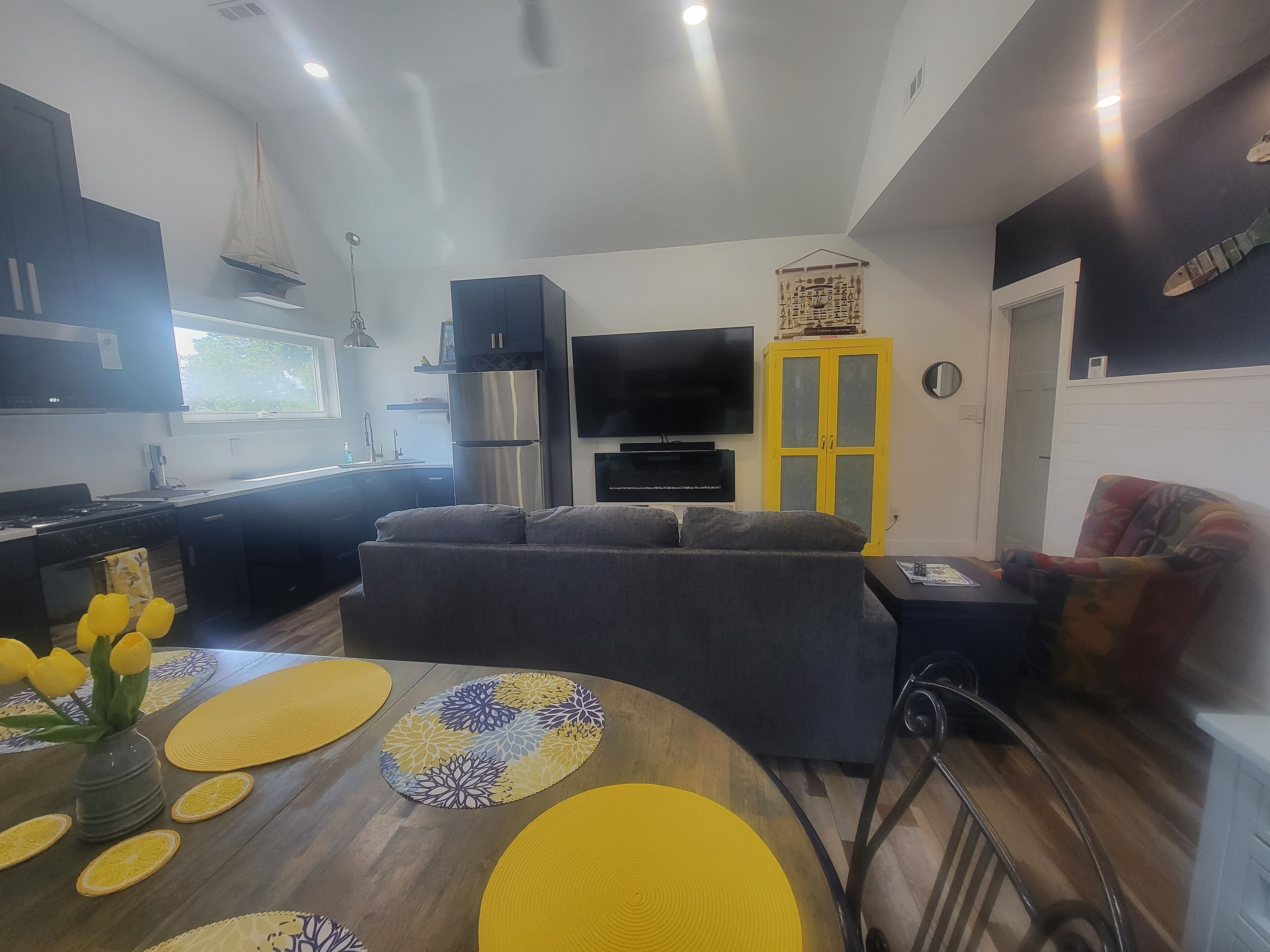 TV connectée, cheminée, lecteur de DVD, livres