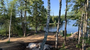 Ein Campingplatz mit Erdboden, umgeben von Birken und einem See im Hintergrund.