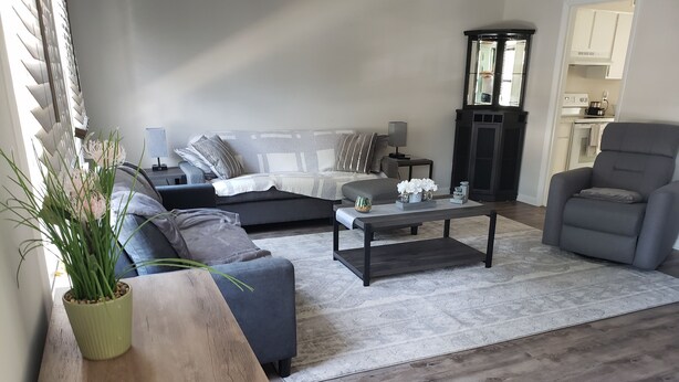 A living room with a sofa, a coffee table, a chair, and a wooden side table with a plant. - Comfortable 3 Bedroom, 3 Bathroom With Amenities! (Savannah)