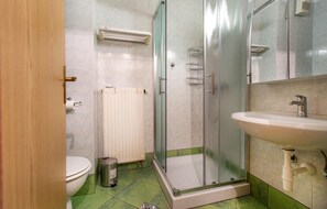 Bathroom features a glass-enclosed shower, white toilet, sink, and radiator.
