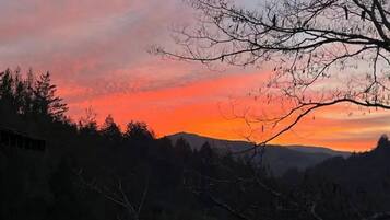 A sunset over a mountainous landscape with silhouetted trees and a clear sky.