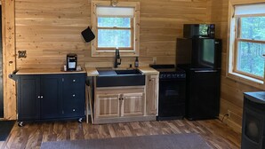 Una cocina compacta con paredes de madera, un lavamanos, una estufa, un refrigerador y un microondas.