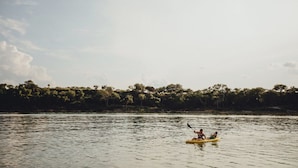 Une rivière paisible où l’on peut faire du kayak, et où l’on voit une personne pagayant.