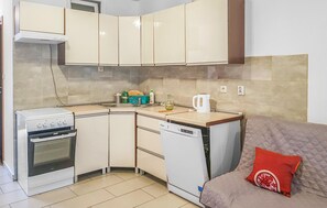 Frigorífico, placa de cocina, lavavajillas y utensilios de cocina