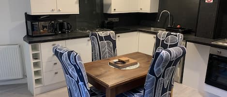 Fridge, microwave, oven, electric kettle