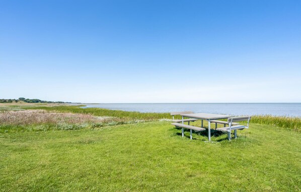 A grassy area with a picnic table and benches, overlooking a calm body of water.