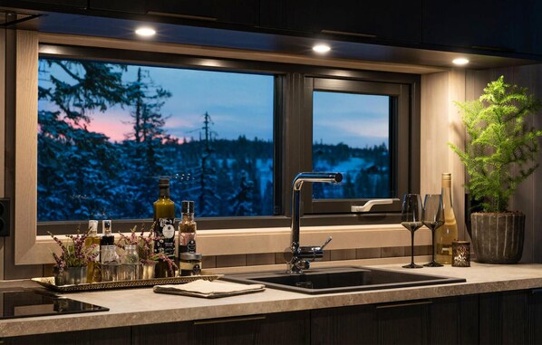 Fridge, microwave, dishwasher, coffee/tea maker