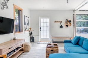 Smart TV, fireplace, video games, DVD player