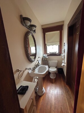 Eco-friendly toiletries, hair dryer, towels, soap