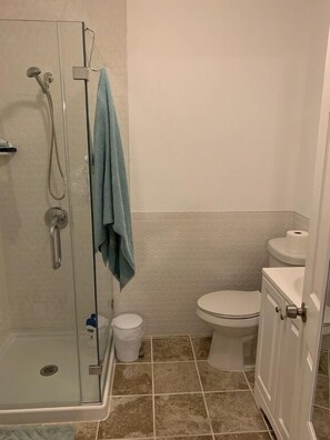 Combined shower/tub, towels, soap, toilet paper