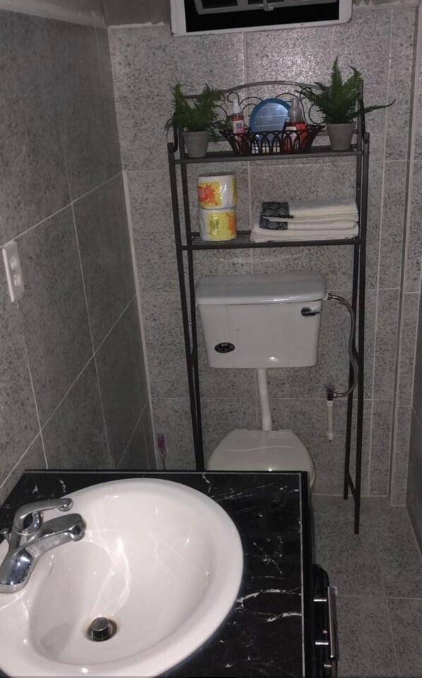 A bathroom with a white sink, a toilet, and a shelf with toiletries.